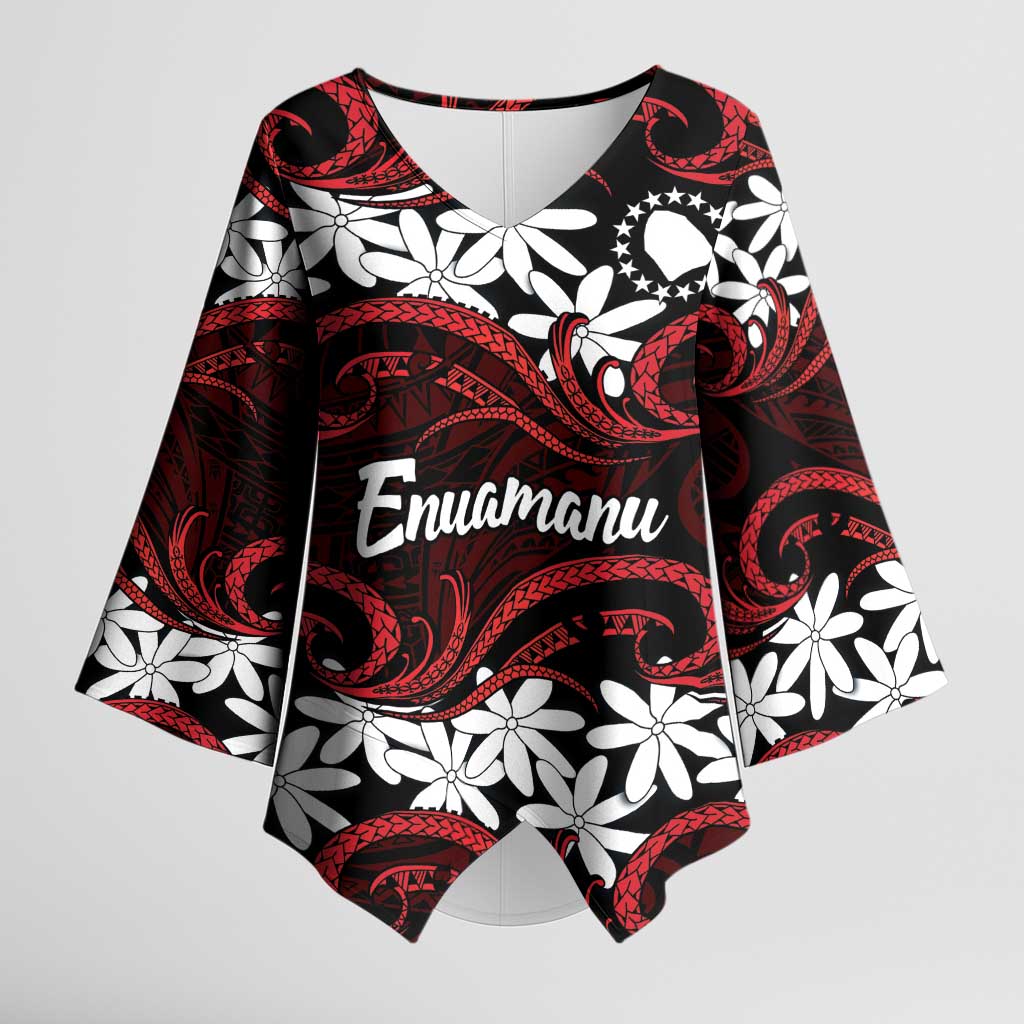 Personalised Cook Islands Atiu Enuamanu Kimono Sleeve Blouse Tiare Maori Polynesian Waves Tattoo LT14 Female Red - Polynesian Pride