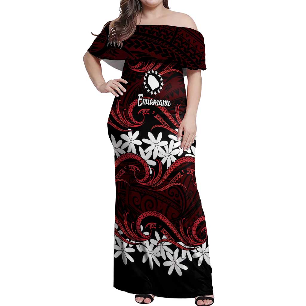 Personalised Cook Islands Atiu Enuamanu Off Shoulder Maxi Dress Tiare Maori Polynesian Waves Tattoo LT14 Women Red - Polynesian Pride