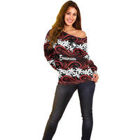 Personalised Cook Islands Atiu Enuamanu Off Shoulder Sweater Tiare Maori Polynesian Waves Tattoo