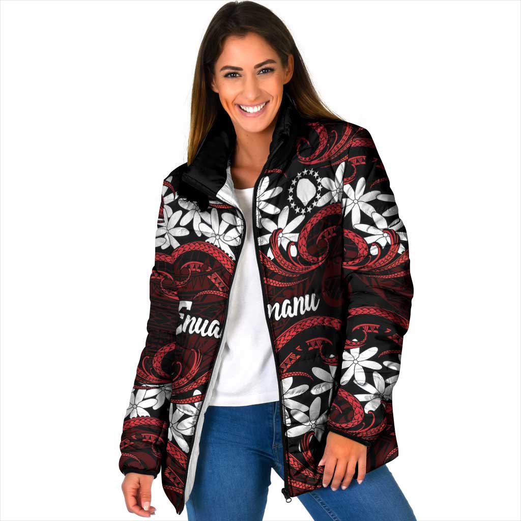 Personalised Cook Islands Atiu Enuamanu Padded Jacket Tiare Maori Polynesian Waves Tattoo LT14 Women Red - Polynesian Pride