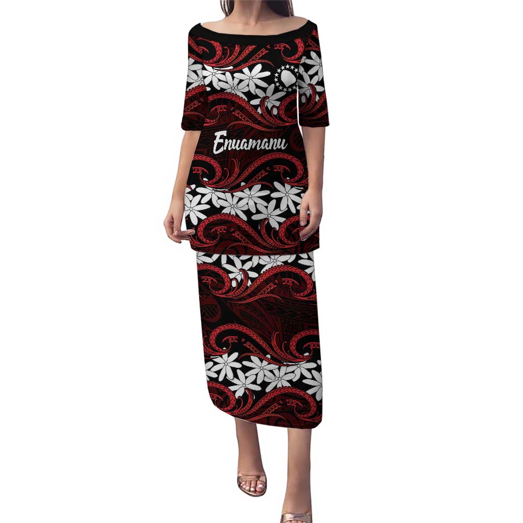 Personalised Cook Islands Atiu Enuamanu Puletasi Tiare Maori Polynesian Waves Tattoo LT14 Long Dress Red - Polynesian Pride