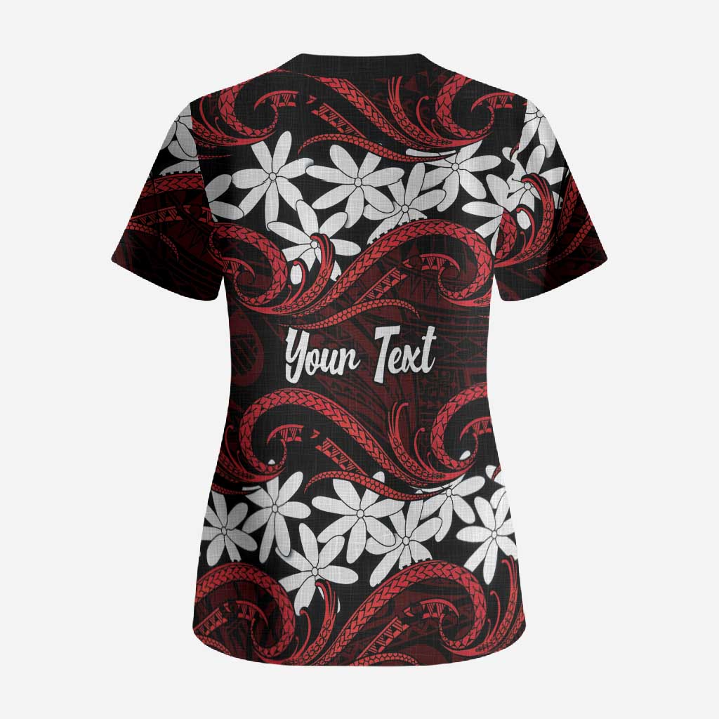 Personalised Cook Islands Atiu Enuamanu Scrub Top Tiare Maori Polynesian Waves Tattoo LT14 - Polynesian Pride