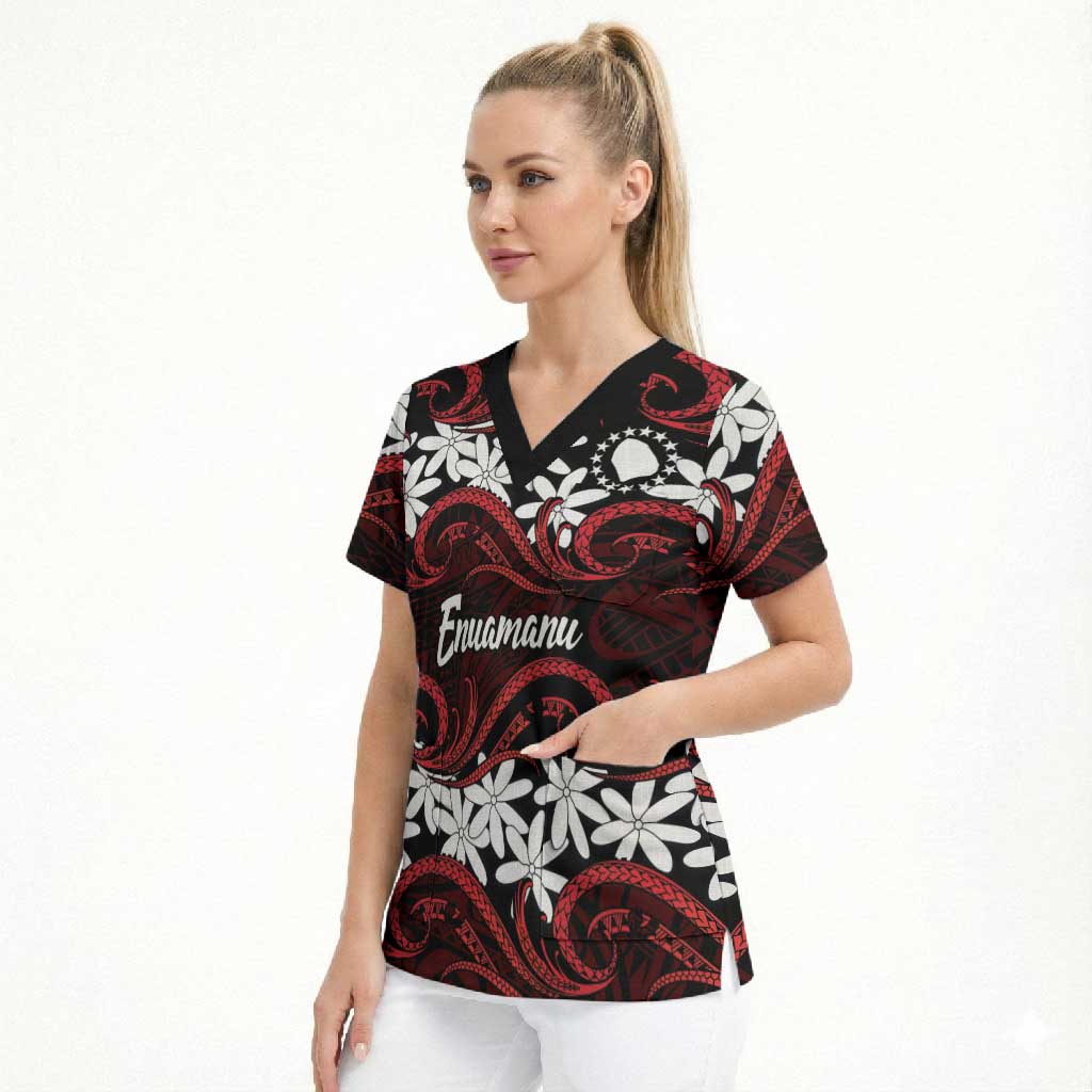 Personalised Cook Islands Atiu Enuamanu Scrub Top Tiare Maori Polynesian Waves Tattoo LT14 - Polynesian Pride