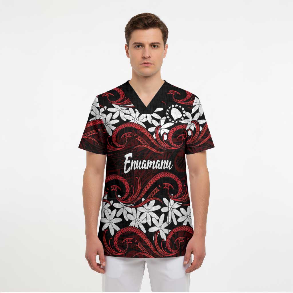 Personalised Cook Islands Atiu Enuamanu Scrub Top Tiare Maori Polynesian Waves Tattoo LT14 - Polynesian Pride