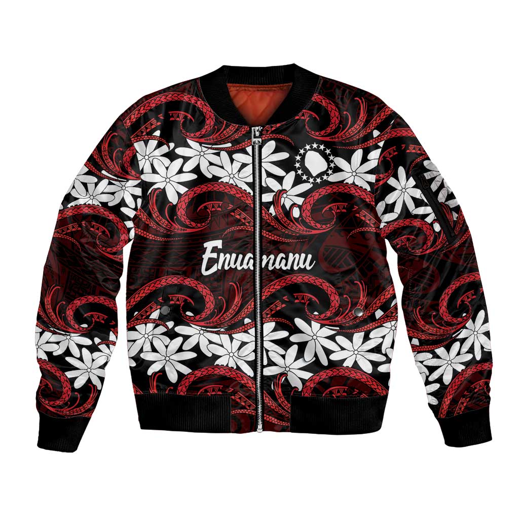 Personalised Cook Islands Atiu Enuamanu Sleeve Zip Bomber Jacket Tiare Maori Polynesian Waves Tattoo LT14 Unisex Red - Polynesian Pride