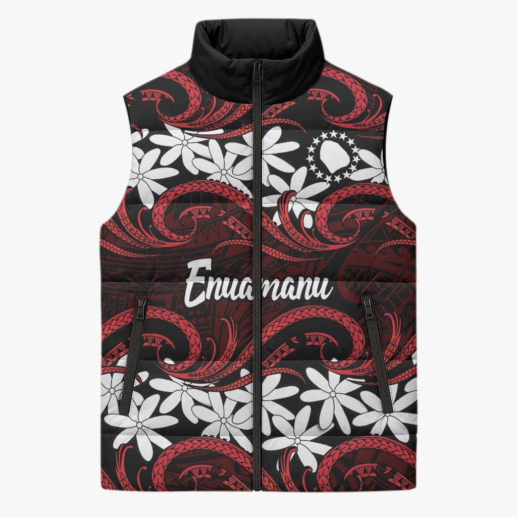 Personalised Cook Islands Atiu Enuamanu Sleeveless Puffer Jacket Tiare Maori Polynesian Waves Tattoo
