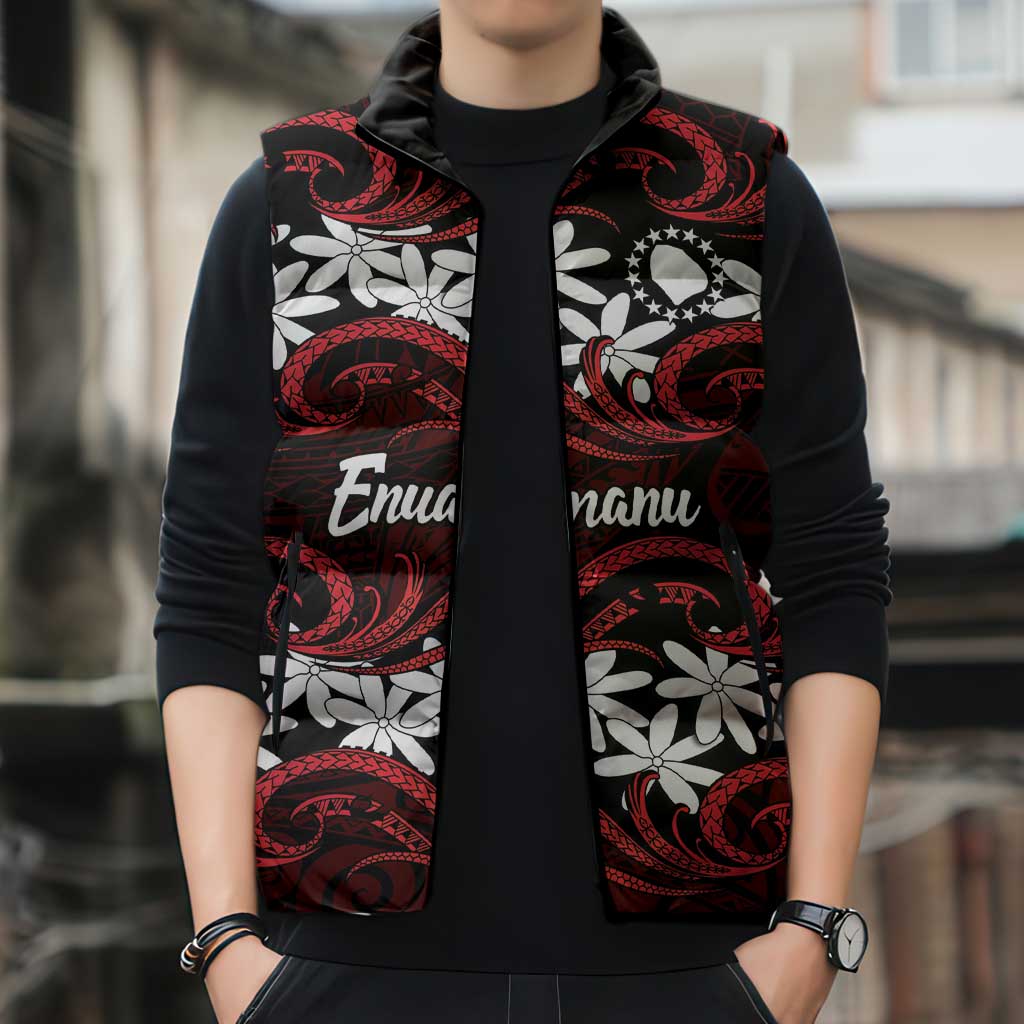 Personalised Cook Islands Atiu Enuamanu Sleeveless Puffer Jacket Tiare Maori Polynesian Waves Tattoo