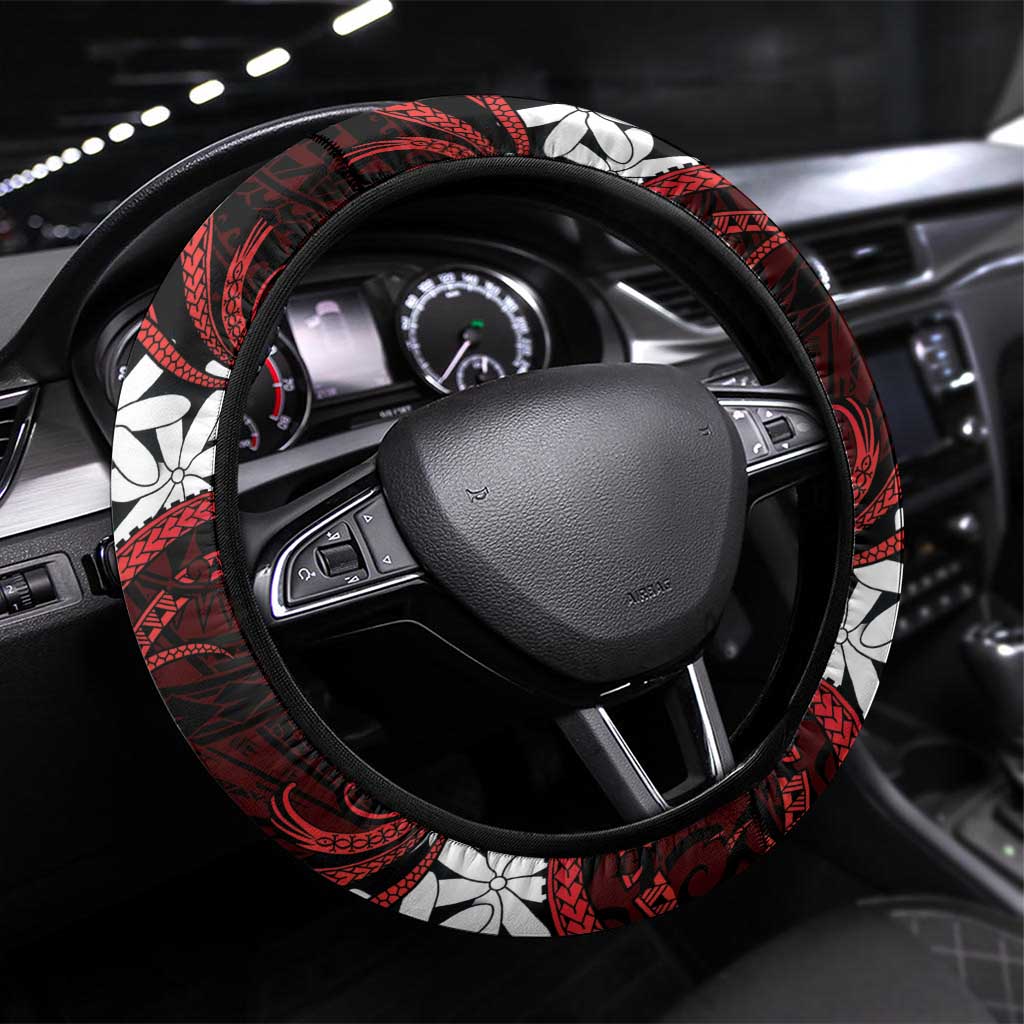 Cook Islands Atiu Enuamanu Steering Wheel Cover Tiare Maori Polynesian Waves Tattoo LT14 Universal Fit Red - Polynesian Pride