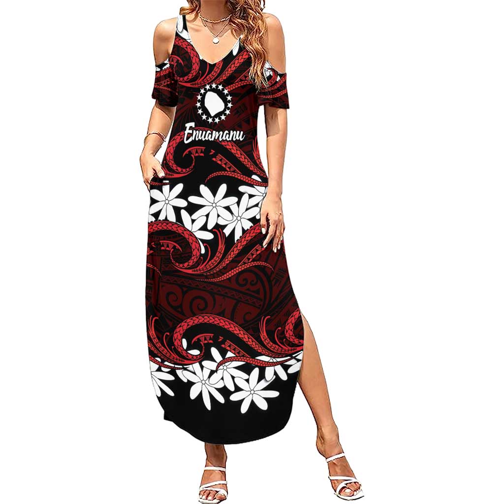 Personalised Cook Islands Atiu Enuamanu Summer Maxi Dress Tiare Maori Polynesian Waves Tattoo LT14 Women Red - Polynesian Pride