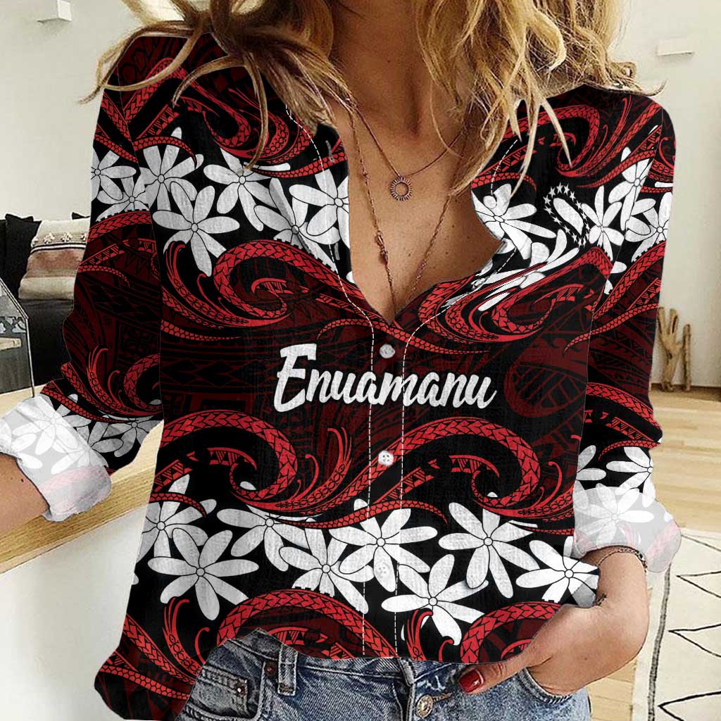Personalised Cook Islands Atiu Enuamanu Women Casual Shirt Tiare Maori Polynesian Waves Tattoo LT14 Female Red - Polynesian Pride