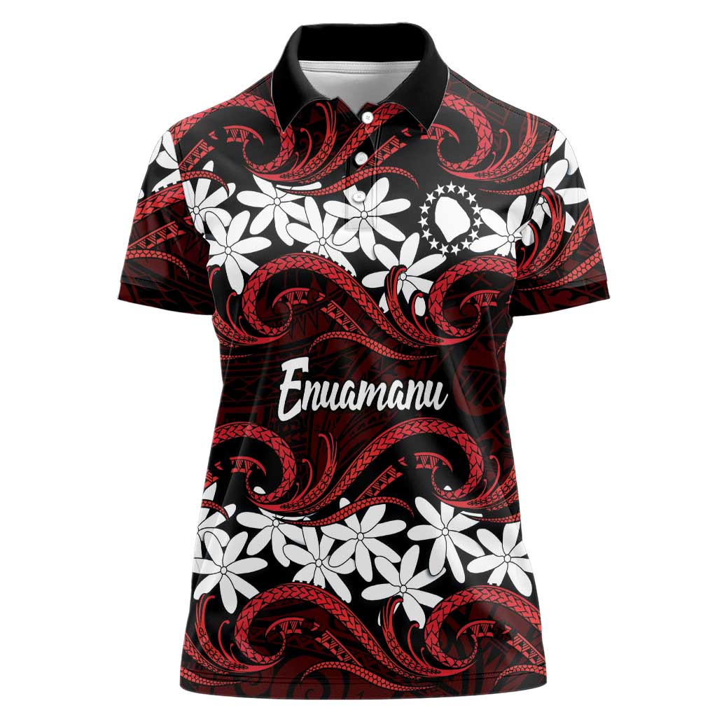 Personalised Cook Islands Atiu Enuamanu Women Polo Shirt Tiare Maori Polynesian Waves Tattoo LT14 Female Red - Polynesian Pride