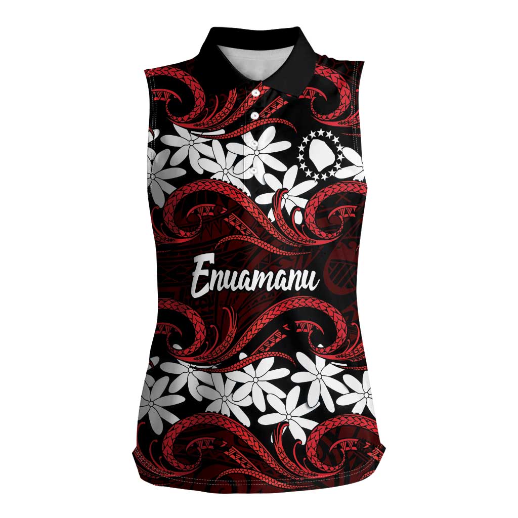 Personalised Cook Islands Atiu Enuamanu Women Sleeveless Polo Shirt Tiare Maori Polynesian Waves Tattoo
