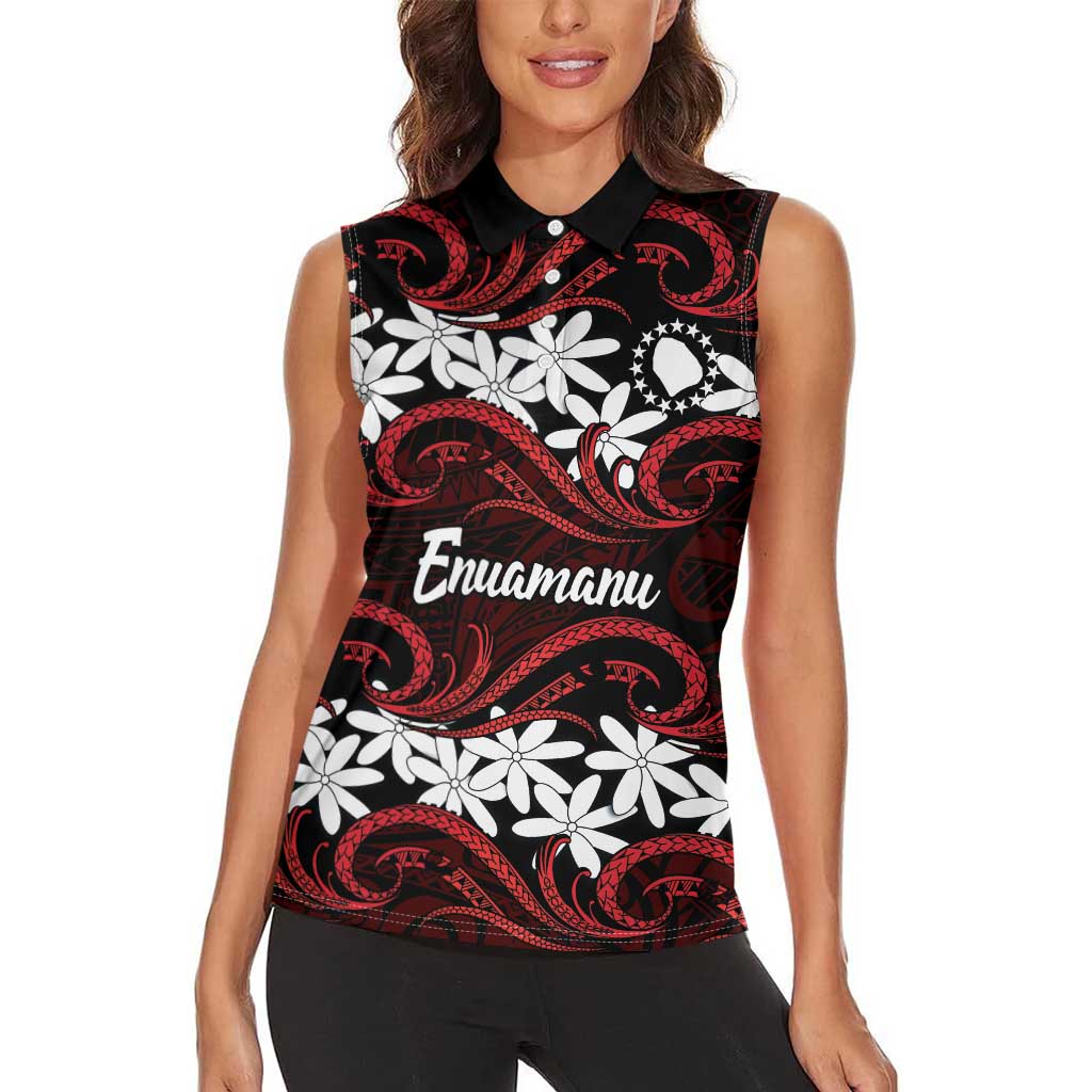 Personalised Cook Islands Atiu Enuamanu Women Sleeveless Polo Shirt Tiare Maori Polynesian Waves Tattoo