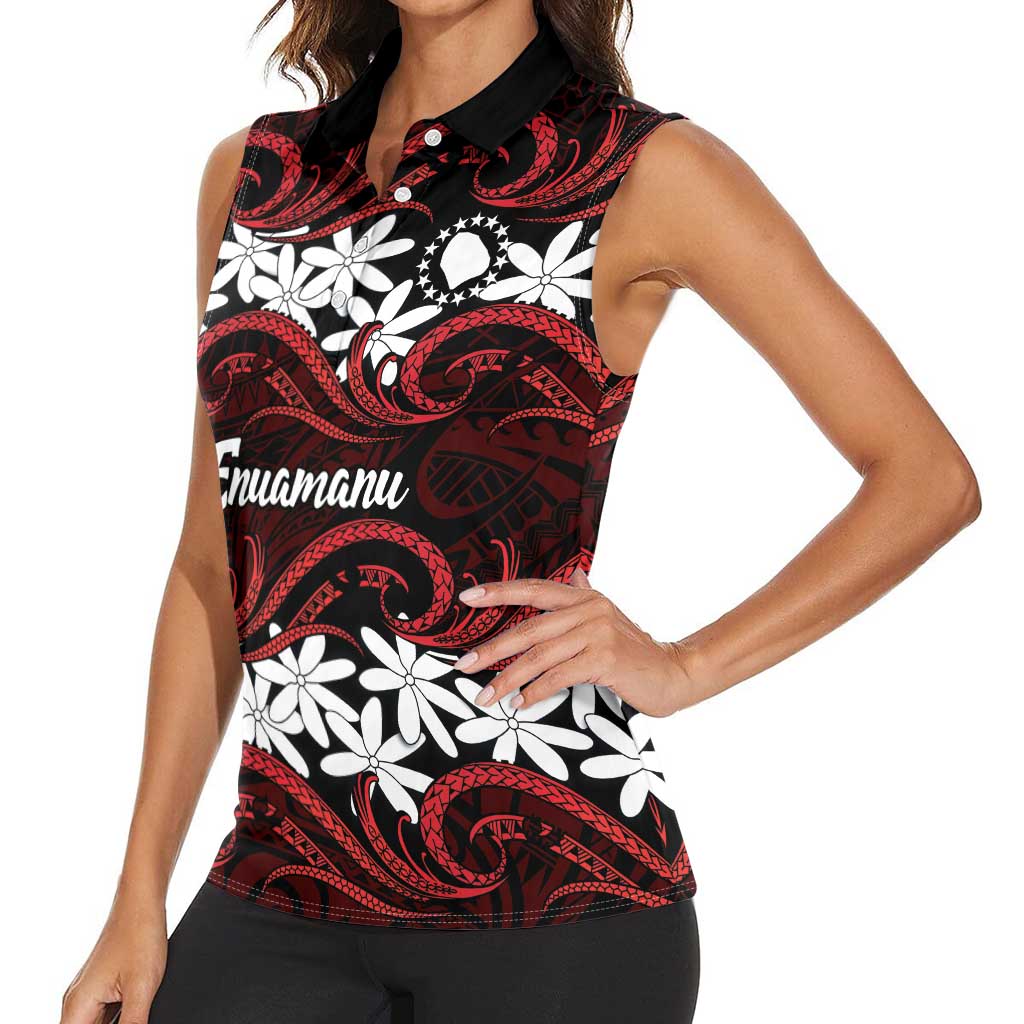 Personalised Cook Islands Atiu Enuamanu Women Sleeveless Polo Shirt Tiare Maori Polynesian Waves Tattoo