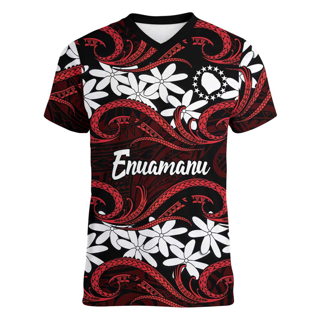 Personalised Cook Islands Atiu Enuamanu Women V-Neck T-Shirt Tiare Maori Polynesian Waves Tattoo LT14 Female Red - Polynesian Pride