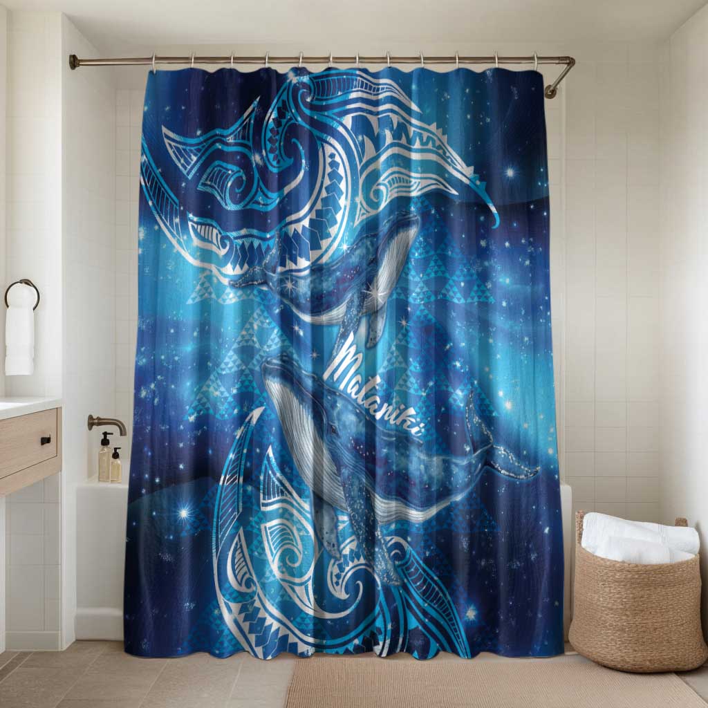 New Zealand Humpback Whale Matariki Bathroom Set Maori New Year Taniko Niho Taniwha LT14 Shower Curtain Only Blue - Polynesian Pride