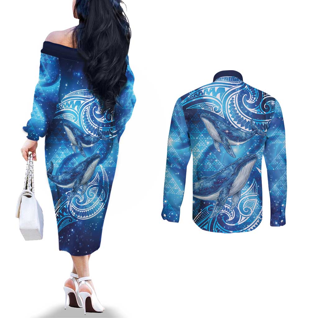 New Zealand Humpback Whale Matariki Couples Matching Off The Shoulder Long Sleeve Dress and Long Sleeve Button Shirt Maori New Year Taniko Niho Taniwha