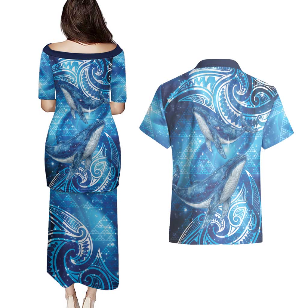New Zealand Humpback Whale Matariki Couples Matching Puletasi and Hawaiian Shirt Maori New Year Taniko Niho Taniwha