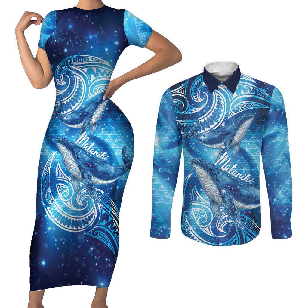 New Zealand Humpback Whale Matariki Couples Matching Short Sleeve Bodycon Dress and Long Sleeve Button Shirt Maori New Year Taniko Niho Taniwha