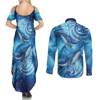 New Zealand Humpback Whale Matariki Couples Matching Summer Maxi Dress and Long Sleeve Button Shirt Maori New Year Taniko Niho Taniwha