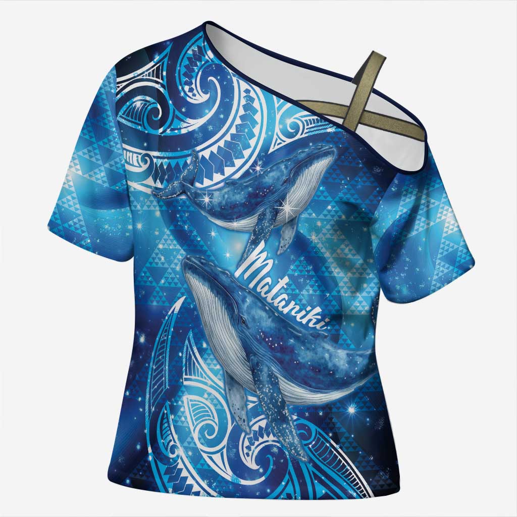 New Zealand Humpback Whale Matariki Cross Shoulder Shirt Maori New Year Taniko Niho Taniwha LT14 Female Blue - Polynesian Pride