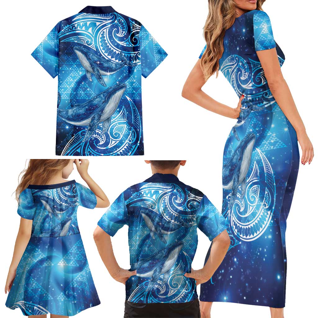 New Zealand Humpback Whale Matariki Family Matching Short Sleeve Bodycon Dress and Hawaiian Shirt Maori New Year Taniko Niho Taniwha