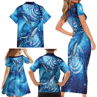 New Zealand Humpback Whale Matariki Family Matching Short Sleeve Bodycon Dress and Hawaiian Shirt Maori New Year Taniko Niho Taniwha
