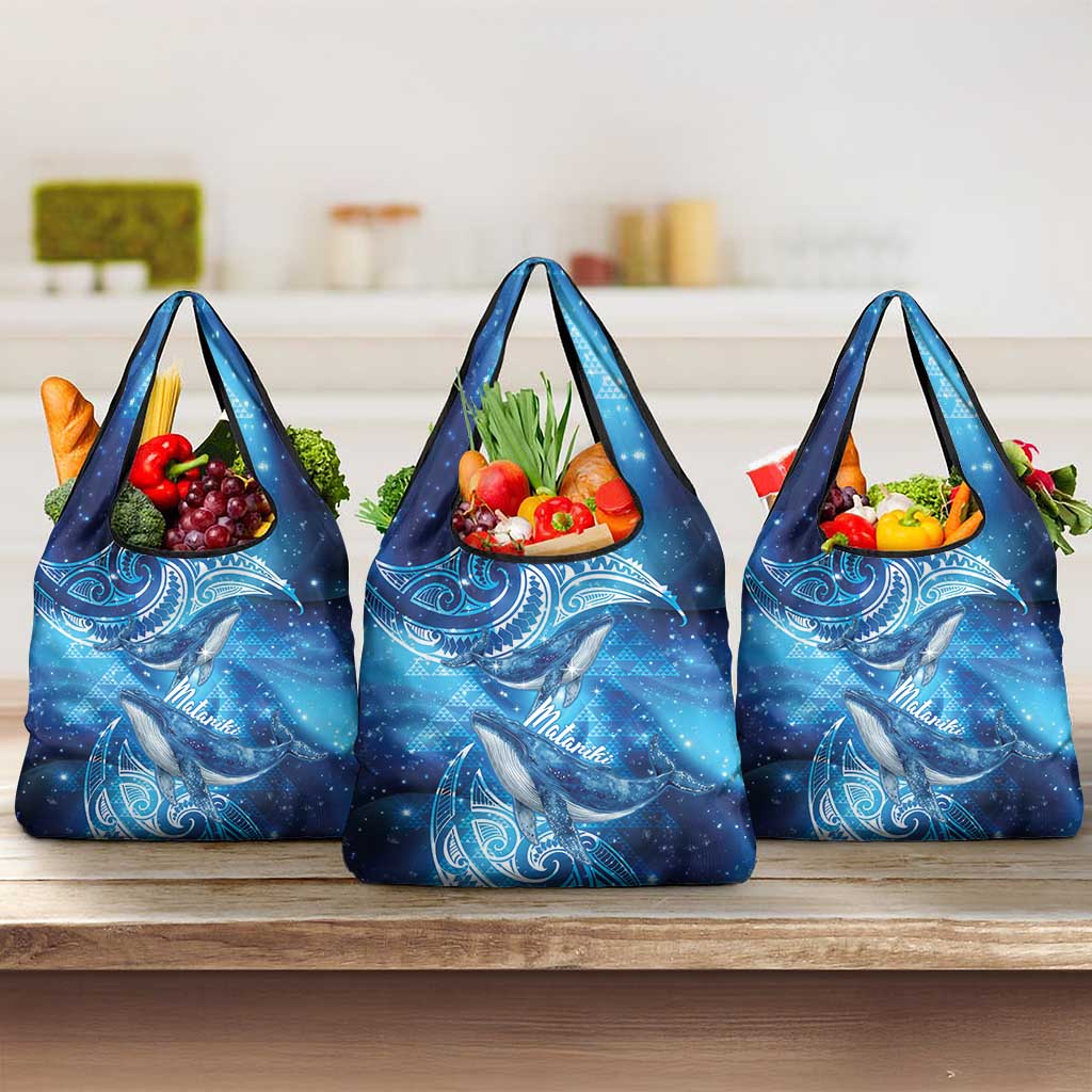 New Zealand Humpback Whale Matariki Grocery Bag Maori New Year Taniko Niho Taniwha LT14 3-pack One Size Blue - Polynesian Pride
