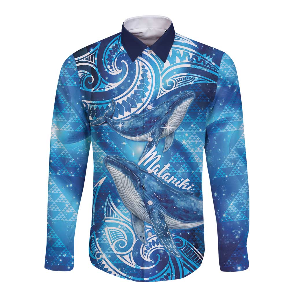 New Zealand Humpback Whale Matariki Long Sleeve Button Shirt Maori New Year Taniko Niho Taniwha LT14 Unisex Blue - Polynesian Pride
