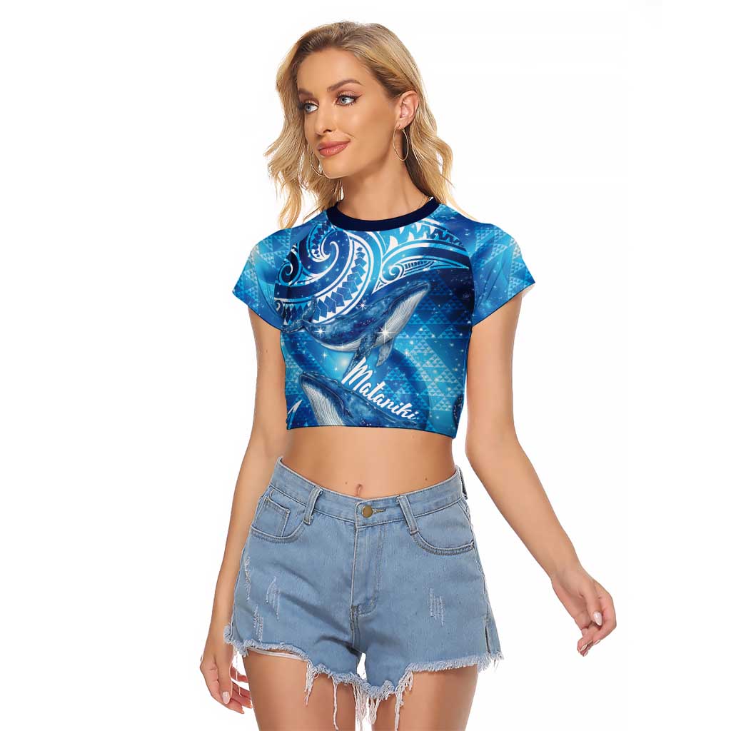 New Zealand Humpback Whale Matariki Raglan Cropped T Shirt Maori New Year Taniko Niho Taniwha LT14 Female Blue - Polynesian Pride