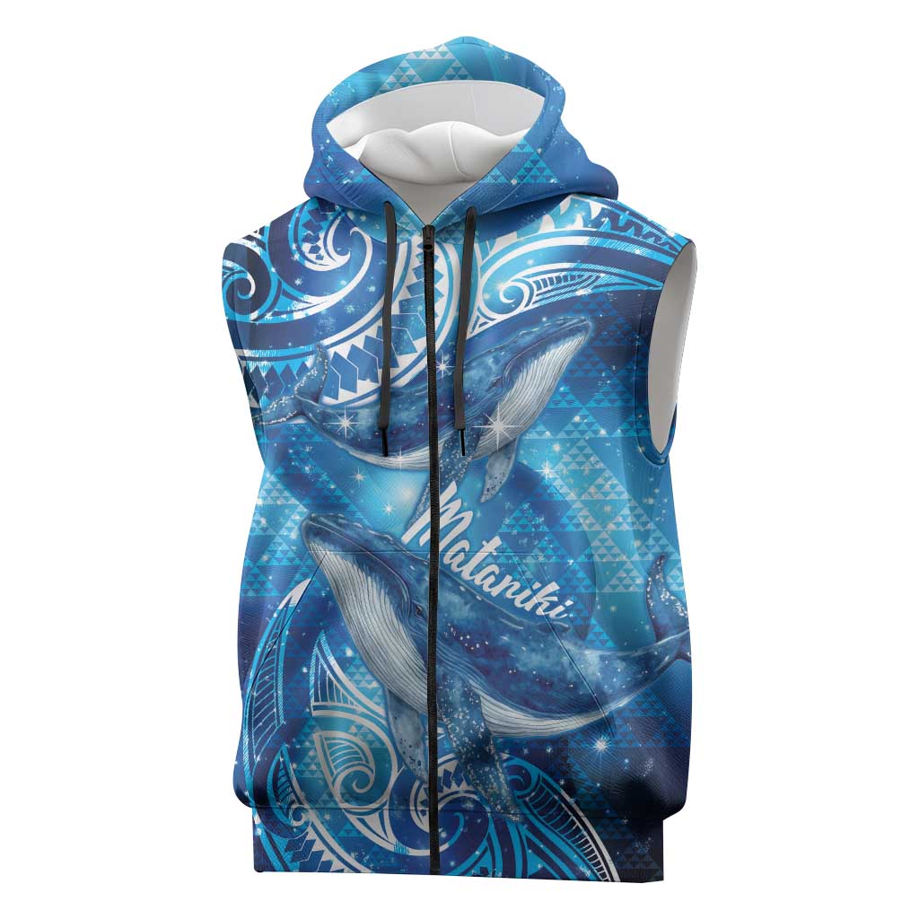 New Zealand Humpback Whale Matariki Sleeveless Zip Hoodie Maori New Year Taniko Niho Taniwha LT14 Blue - Polynesian Pride