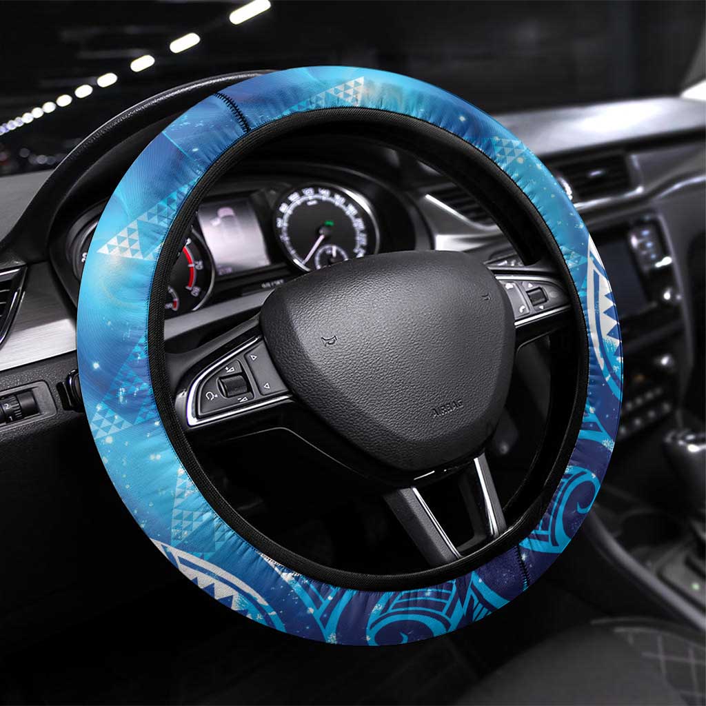 New Zealand Humpback Whale Matariki Steering Wheel Cover Maori New Year Taniko Niho Taniwha LT14 Universal Fit Blue - Polynesian Pride