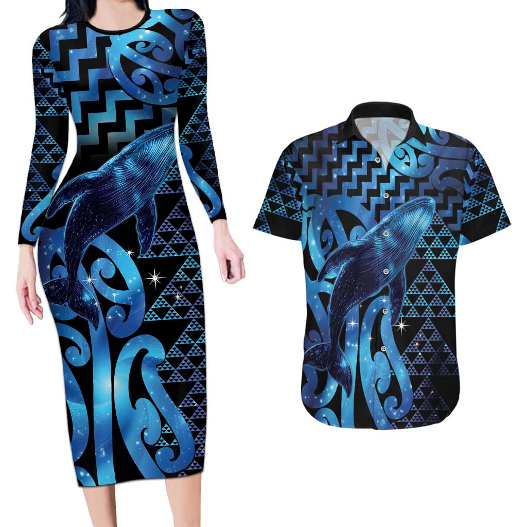 Humpback Whale Matariki New Zealand Couples Matching Long Sleeve Bodycon Dress and Hawaiian Shirt NZ Maori Paikea Poutama Luxury Blue