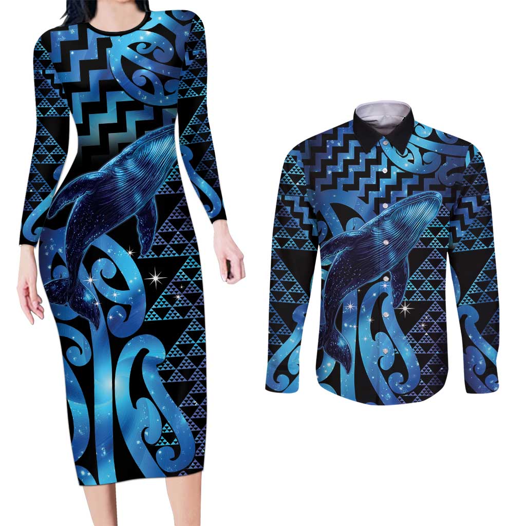 Humpback Whale Matariki New Zealand Couples Matching Long Sleeve Bodycon Dress and Long Sleeve Button Shirt NZ Maori Paikea Poutama Luxury Blue
