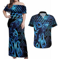 Humpback Whale Matariki New Zealand Couples Matching Off Shoulder Maxi Dress and Hawaiian Shirt NZ Maori Paikea Poutama Luxury Blue