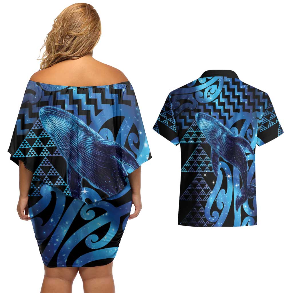 Humpback Whale Matariki New Zealand Couples Matching Off Shoulder Short Dress and Hawaiian Shirt NZ Maori Paikea Poutama Luxury Blue