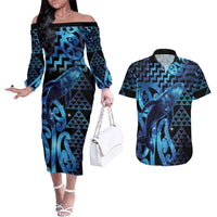 Humpback Whale Matariki New Zealand Couples Matching Off The Shoulder Long Sleeve Dress and Hawaiian Shirt NZ Maori Paikea Poutama Luxury Blue
