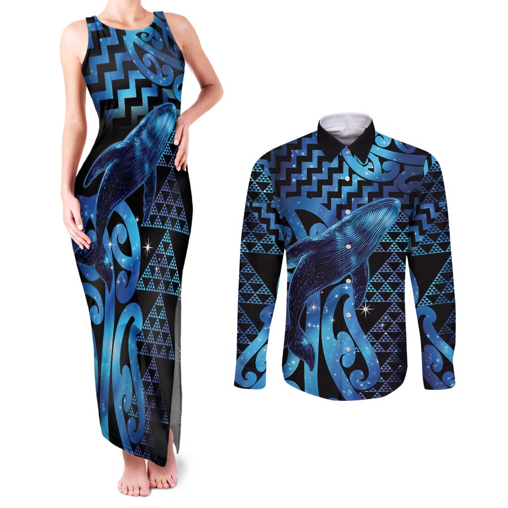 Humpback Whale Matariki New Zealand Couples Matching Tank Maxi Dress and Long Sleeve Button Shirt NZ Maori Paikea Poutama Luxury Blue