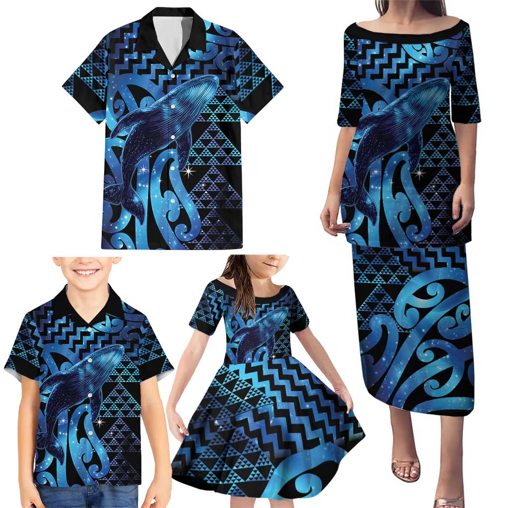 Humpback Whale Matariki New Zealand Family Matching Puletasi and Hawaiian Shirt NZ Maori Paikea Poutama Luxury Blue