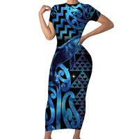 Humpback Whale Matariki New Zealand Family Matching Short Sleeve Bodycon Dress and Hawaiian Shirt NZ Maori Paikea Poutama Luxury Blue LT14 Mom's Dress Blue - Polynesian Pride