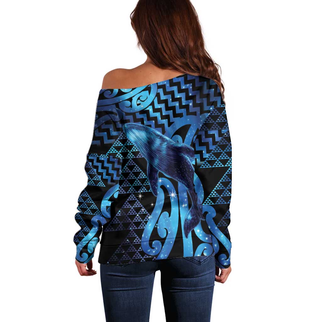 Humpback Whale Matariki New Zealand Off Shoulder Sweater NZ Maori Paikea Poutama Luxury Blue LT14 - Polynesian Pride