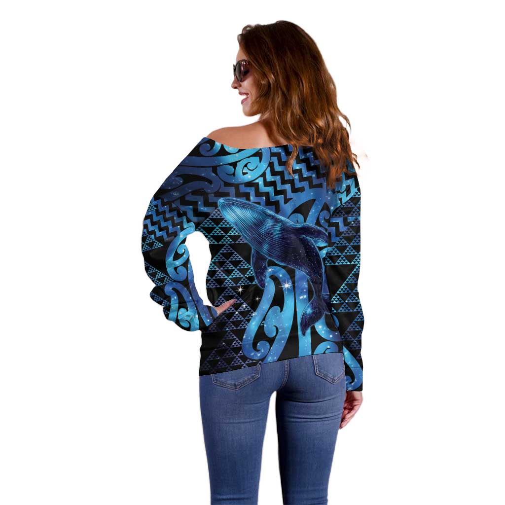Humpback Whale Matariki New Zealand Off Shoulder Sweater NZ Maori Paikea Poutama Luxury Blue LT14 - Polynesian Pride