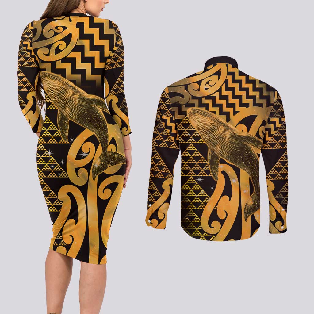 Humpback Whale Matariki New Zealand Couples Matching Long Sleeve Bodycon Dress and Long Sleeve Button Shirt NZ Maori Paikea Poutama Luxury Gold