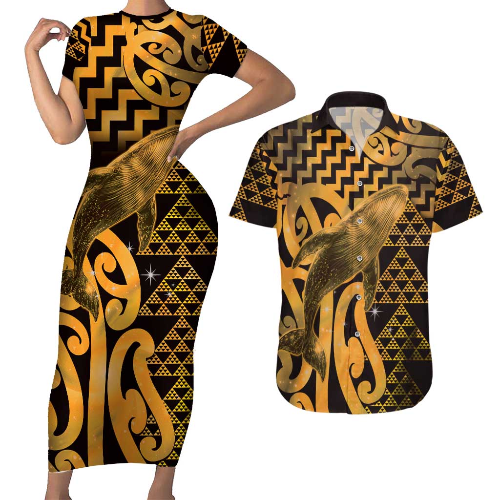 Humpback Whale Matariki New Zealand Couples Matching Short Sleeve Bodycon Dress and Hawaiian Shirt NZ Maori Paikea Poutama Luxury Gold