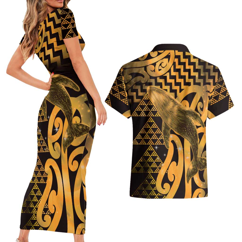 Humpback Whale Matariki New Zealand Couples Matching Short Sleeve Bodycon Dress and Hawaiian Shirt NZ Maori Paikea Poutama Luxury Gold