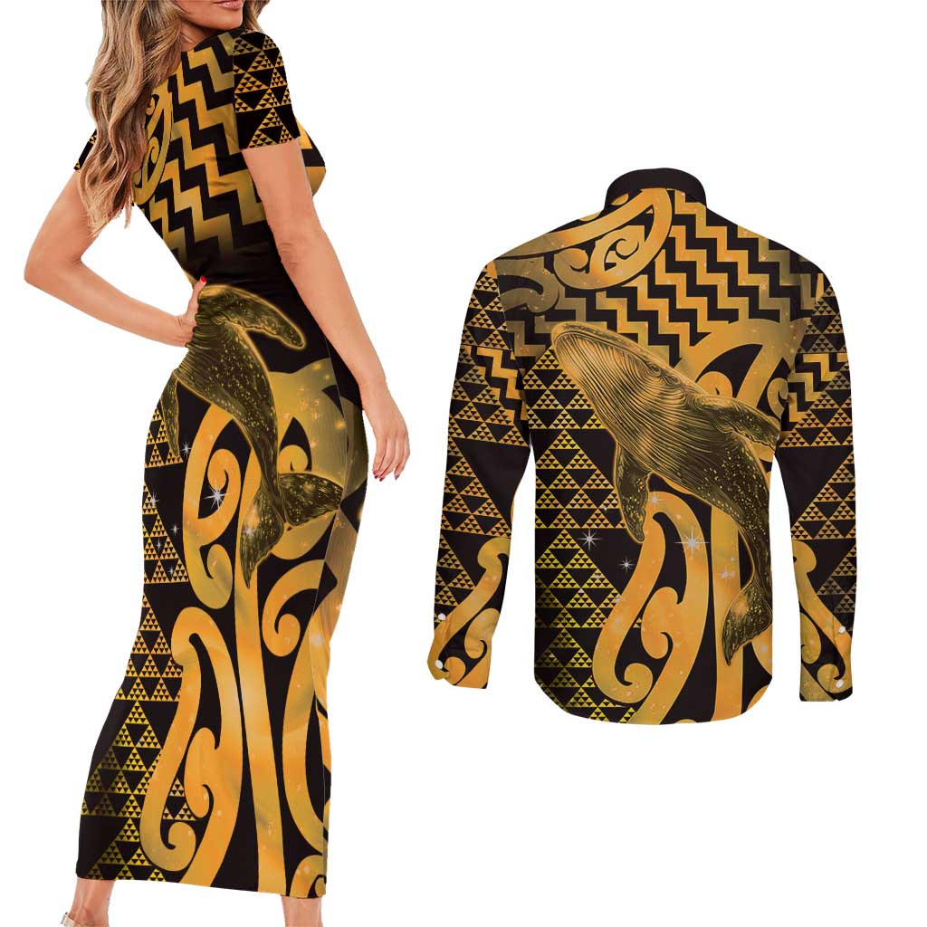 Humpback Whale Matariki New Zealand Couples Matching Short Sleeve Bodycon Dress and Long Sleeve Button Shirt NZ Maori Paikea Poutama Luxury Gold