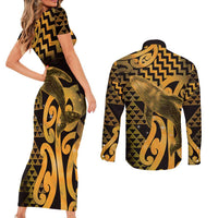 Humpback Whale Matariki New Zealand Couples Matching Short Sleeve Bodycon Dress and Long Sleeve Button Shirt NZ Maori Paikea Poutama Luxury Gold