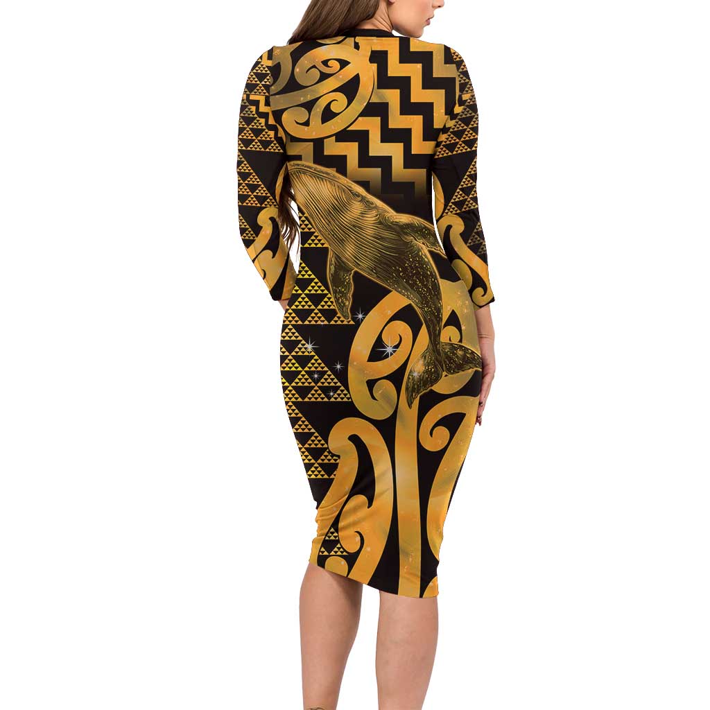 Humpback Whale Matariki New Zealand Family Matching Long Sleeve Bodycon Dress and Hawaiian Shirt NZ Maori Paikea Poutama Luxury Gold