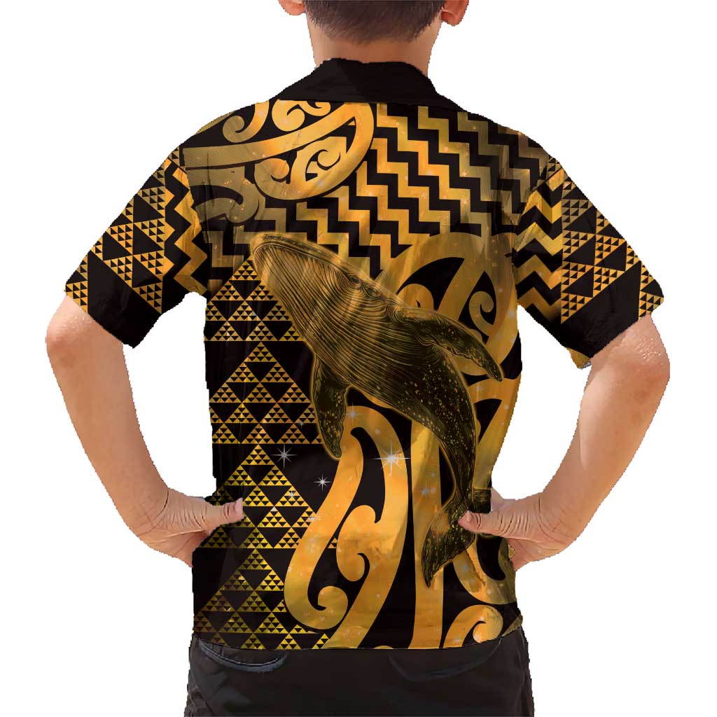Humpback Whale Matariki New Zealand Family Matching Off The Shoulder Long Sleeve Dress and Hawaiian Shirt NZ Maori Paikea Poutama Luxury Gold