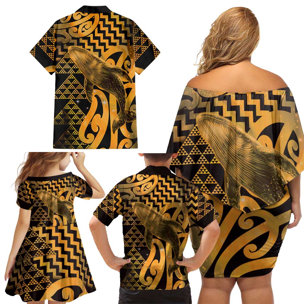 Humpback Whale Matariki New Zealand Family Matching Off Shoulder Short Dress and Hawaiian Shirt NZ Maori Paikea Poutama Luxury Gold